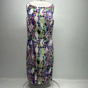 Milly Dress Sleeveless Stretch Shift Knit Midi Purple Stained Glass New Size 8